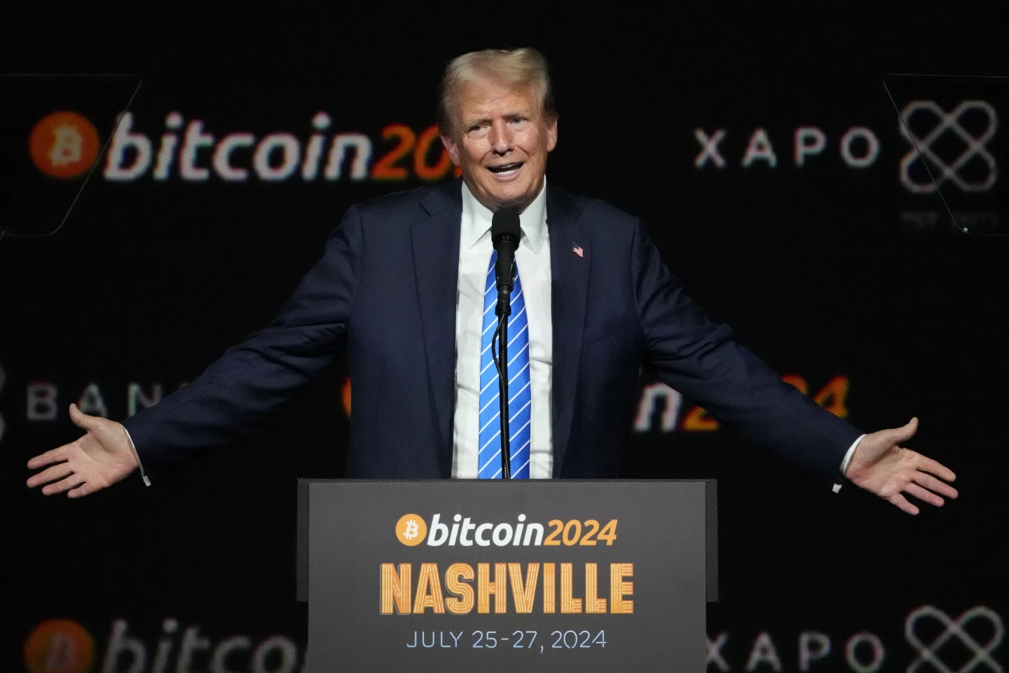 Donald Trump speaks at the Bitcoin Conference in Nashville, Tennessee, on July 27